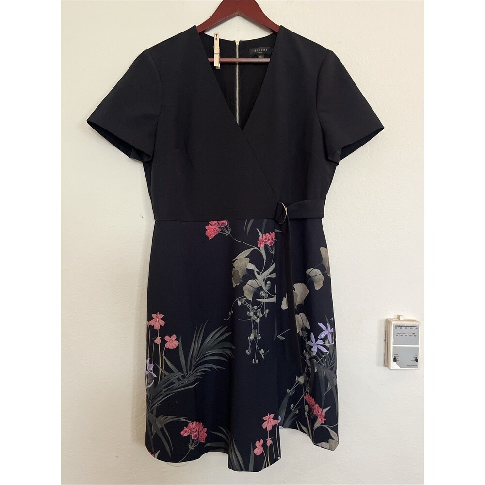 TED BAKER V Neck Mizalia Highland Black Floral Faux Wrap Dress SZ 4 US 10